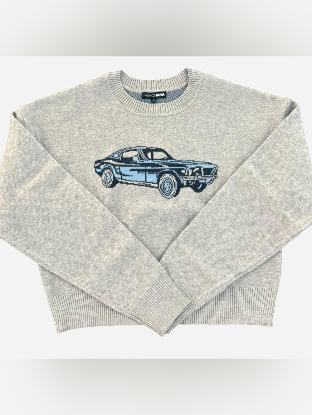 Fashion Nova Cropped Heather Gray Crewneck Sweater with Mustang Graphic